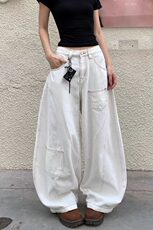 美式复古白色高腰弯刀牛仔裤女夏季高街设计感宽松显瘦垂感阔腿裤，男装牛仔裤，星座218-1（原230）