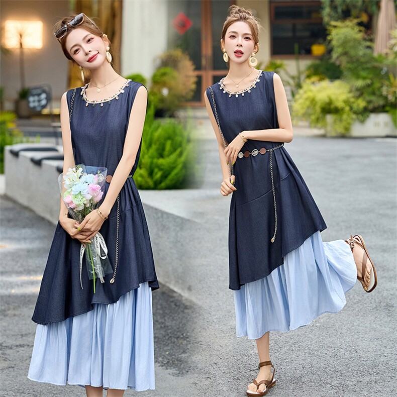 无袖牛仔连衣裙2025夏季新款独特漂亮气质度假风拼接掐腰背心裙子，女装连衣裙，润尚靓点