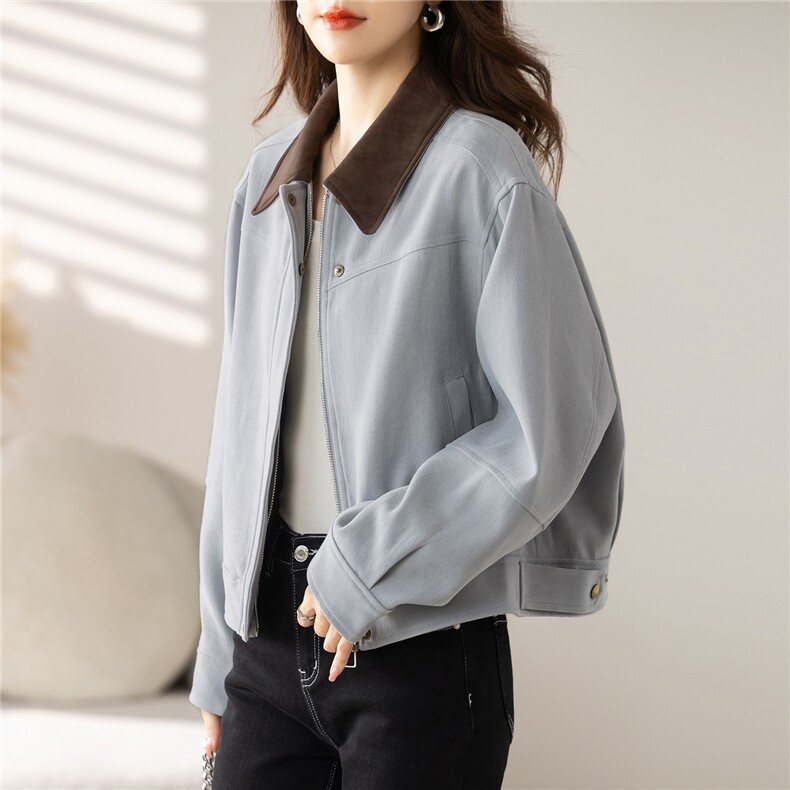 美式复古撞色翻领工装短外套女2025秋季新款宽松休闲百搭夹克上衣,女装短外套,慕咨
