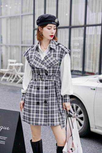 【秋季新款】时尚格子马甲配衬衫两件套，女装马夹，笑思源