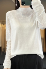 24秋冬新款精纺桑蚕丝羊毛衫女半高领提花套头毛衣针织打底衫，女装羊毛衫，科源羊绒