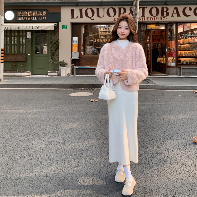 浅粉色秋冬皮毛一体外套女仿水貂绒休闲上衣2C353--716#P180K268,女装短外套,2C353