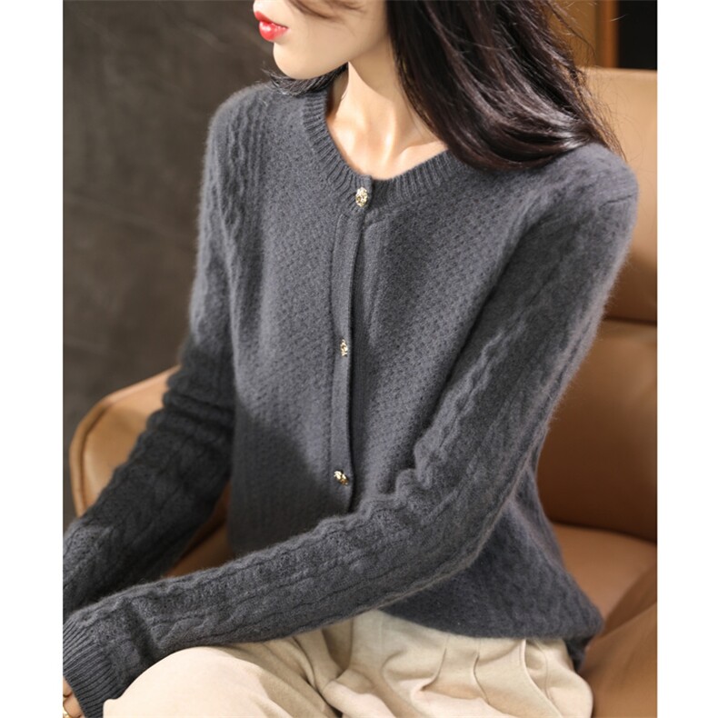 秋冬圆领100%羊毛衫纯色镂空开衫女宽松百搭羊绒针织长袖外套上衣，女装羊毛衫，昭美羊绒