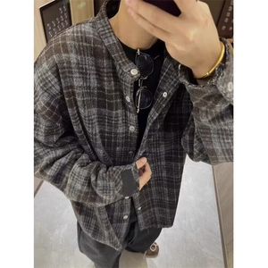 蓝咖色格子衬衫男款秋冬季格纹长袖衬衣叠穿毛呢外套CWS17