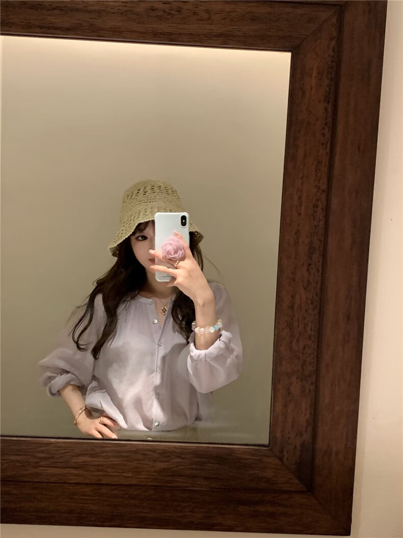 紫色气质简约苎麻宽松遮肉显瘦轻薄防晒衬衫,女装衬衫,湘姗
