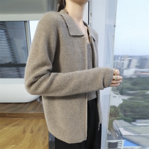 100%纯羊毛双拉链开衫女纯色提花长袖外套上衣宽松羊绒衫外搭毛衣图片