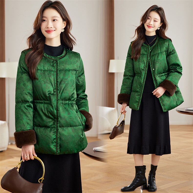 今年流行新年红国风提花羽绒服女2025冬季新款拼接毛绒收腰防寒服,女装棉衣/棉服,新依时派