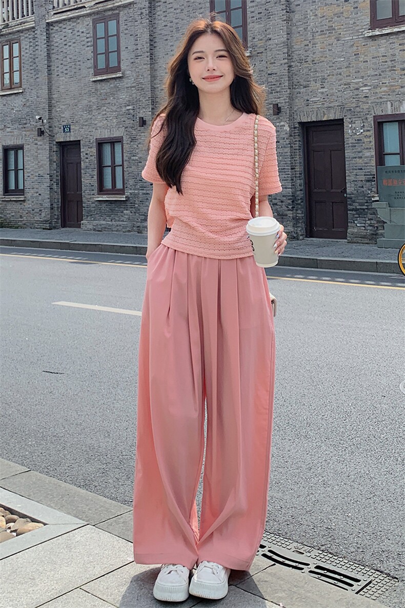2025夏季新款韩版休闲短袖阔腿裤套装女炸街T恤长裤子运动两件套,女装套装/套裙,浙宝276（原081）