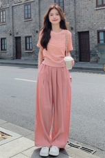 2025夏季新款韩版休闲短袖阔腿裤套装女炸街T恤长裤子运动两件套，女装套装/套裙，浙宝276（原081）