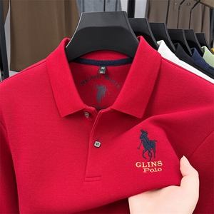 高端长袖t恤男秋冬新款黄色刺绣POLO衫中青年轻奢商务翻领上衣服图片