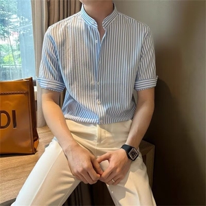 2025夏季新款中袖衬衫男修身韩版条纹衬衣帅气百搭短袖寸衫薄款潮图片