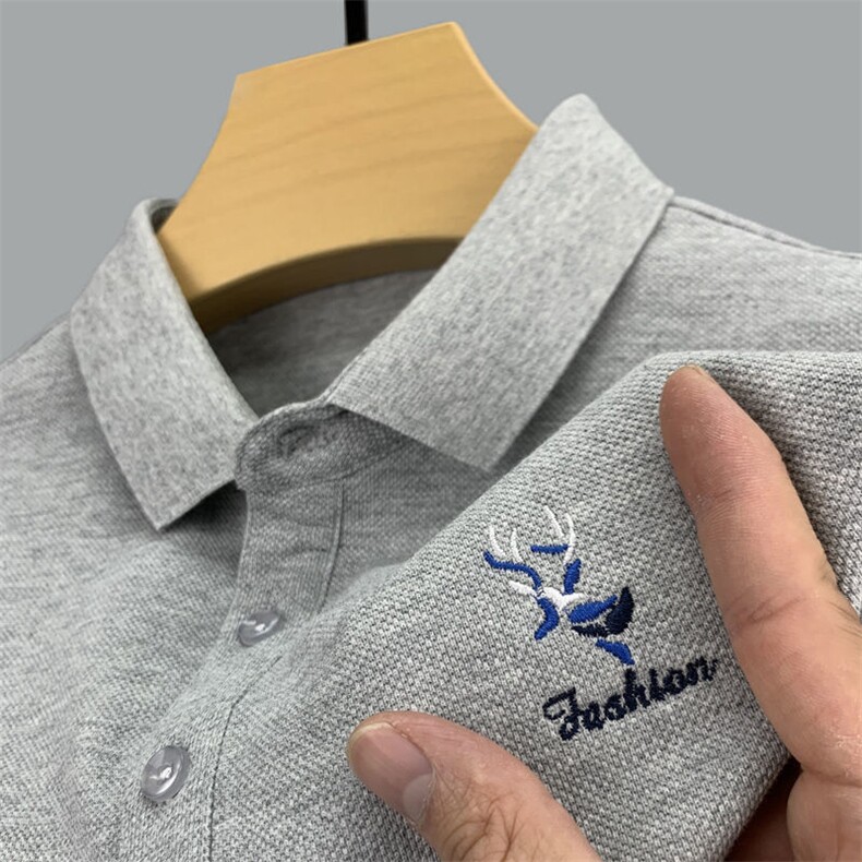 刺绣纯色Polo衫男长袖薄款t恤秋季2023新款中年商务休闲翻领上衣,男装T恤,电商B212（原钱塘6029）