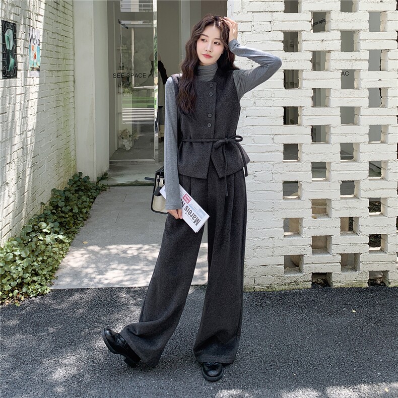 灰色韩系毛呢马甲阔腿裤打底衫三件套女秋冬2025新款chic气质套装,女装套装/套裙,2C111