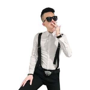 312A-742-P55新款修身长袖衬衫男韩版背带拼接社会人衬衣-首5图片
