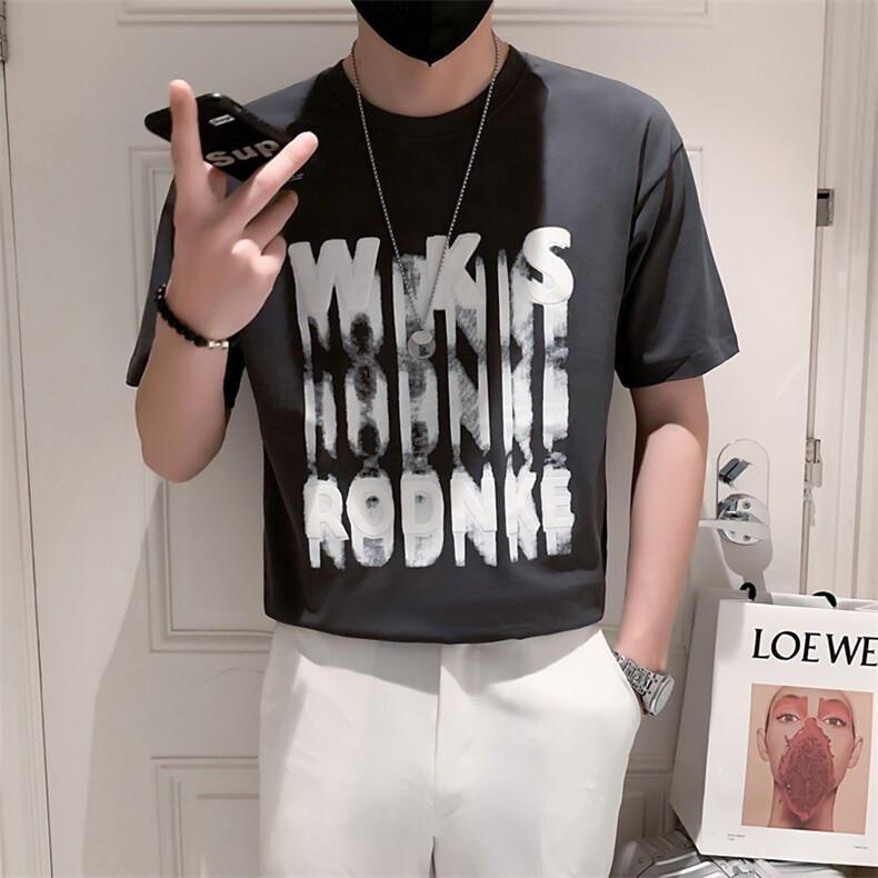 2023款夏季轻熟风T恤休闲圆领时尚痞帅发泡印花短袖T2309-P45,男装T恤,电商A413