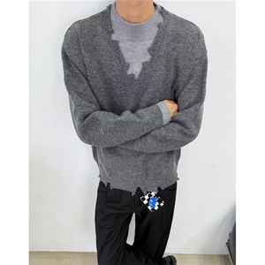 复古假两件破坏毛衣男时尚痞帅慵懒风宽松情侣毛边针织衫 M7701图片