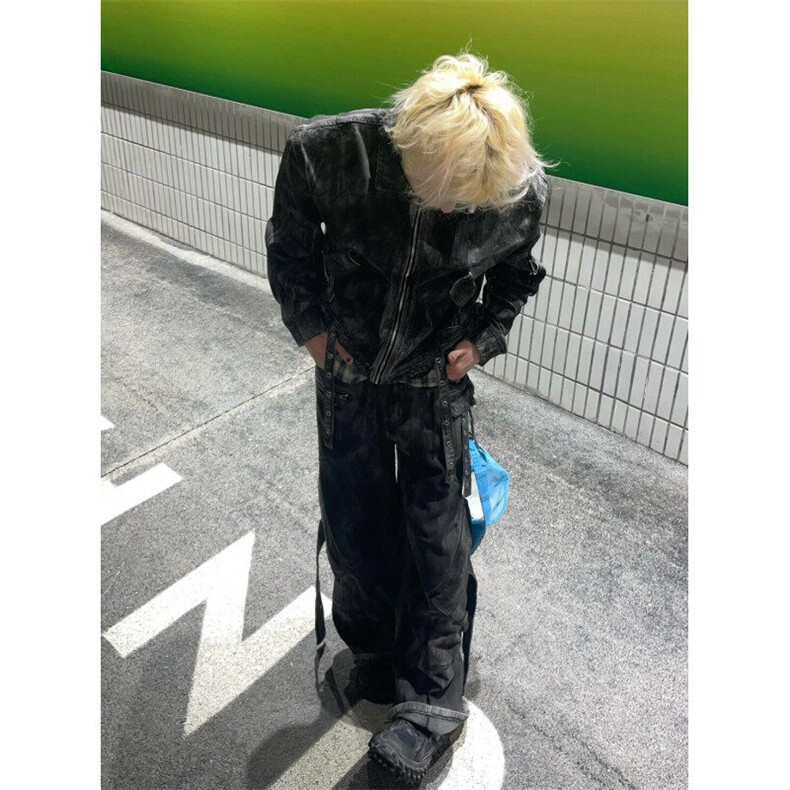 cleanfit废土风做旧脏染水洗牛仔夹克男潮牌美式复古宽松翻领外套,男装夹克,星座601-1