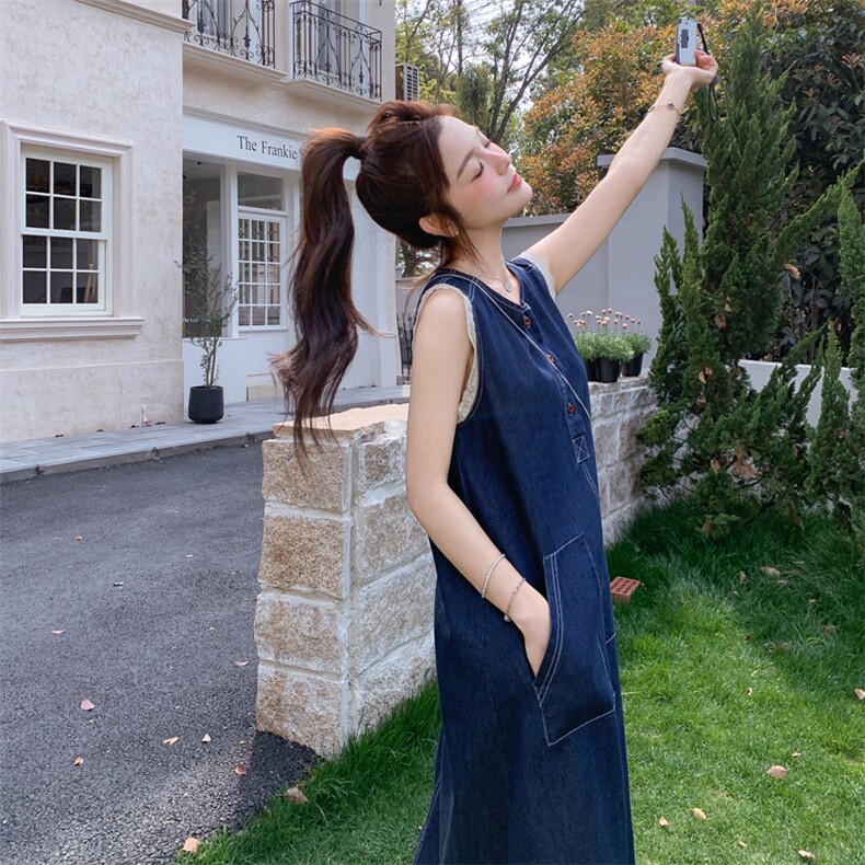深蓝色薄款牛仔无袖连衣裙女2025夏季新款港味复古休闲长款背心裙,女装连衣裙,2C266