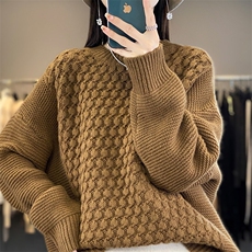重磅加厚100%纯羊毛衫女圆领镂空钩花长袖毛衣宽松慵懒羊绒打底衫，女装羊毛衫，琳华羊绒