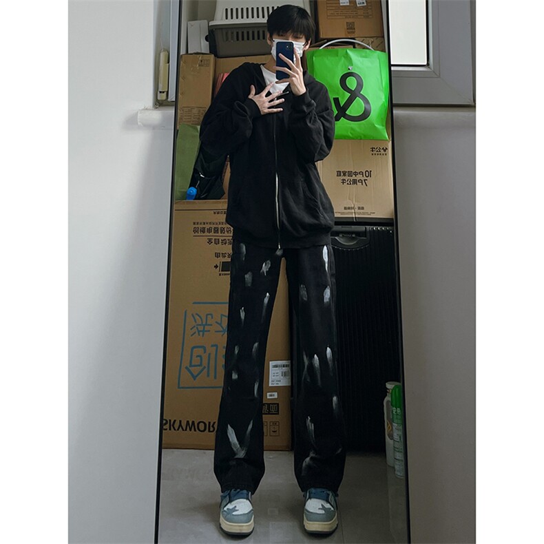 黑色扎染牛仔裤男款春秋季宽松直筒微喇休闲长裤美式高街vibe裤子,男装牛仔裤,电商B221