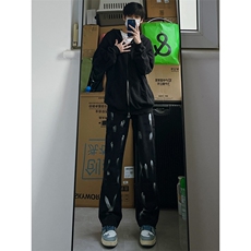 黑色扎染牛仔裤男款春秋季宽松直筒微喇休闲长裤美式高街vibe裤子，男装牛仔裤，电商B221