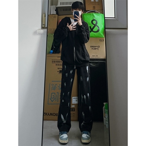 黑色扎染牛仔裤男款春秋季宽松直筒微喇休闲长裤美式高街vibe裤子图片