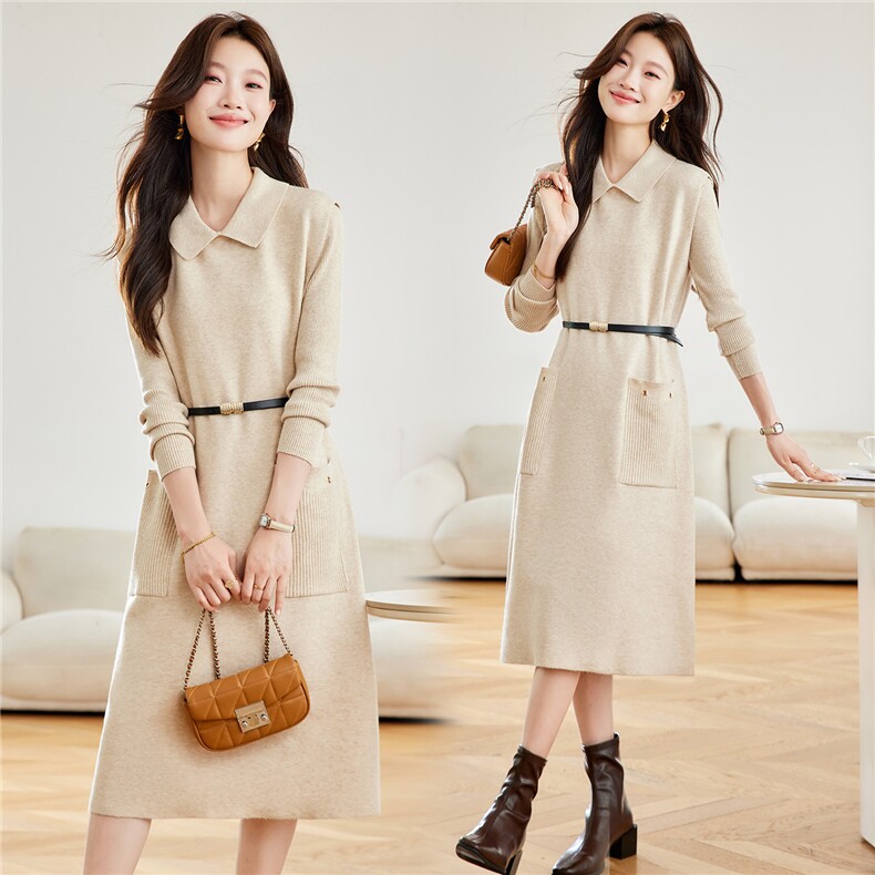 2025新款翻领针织连衣裙两件套女秋冬中长款收腰显瘦高级感气质裙，女装羊毛衫，艾米