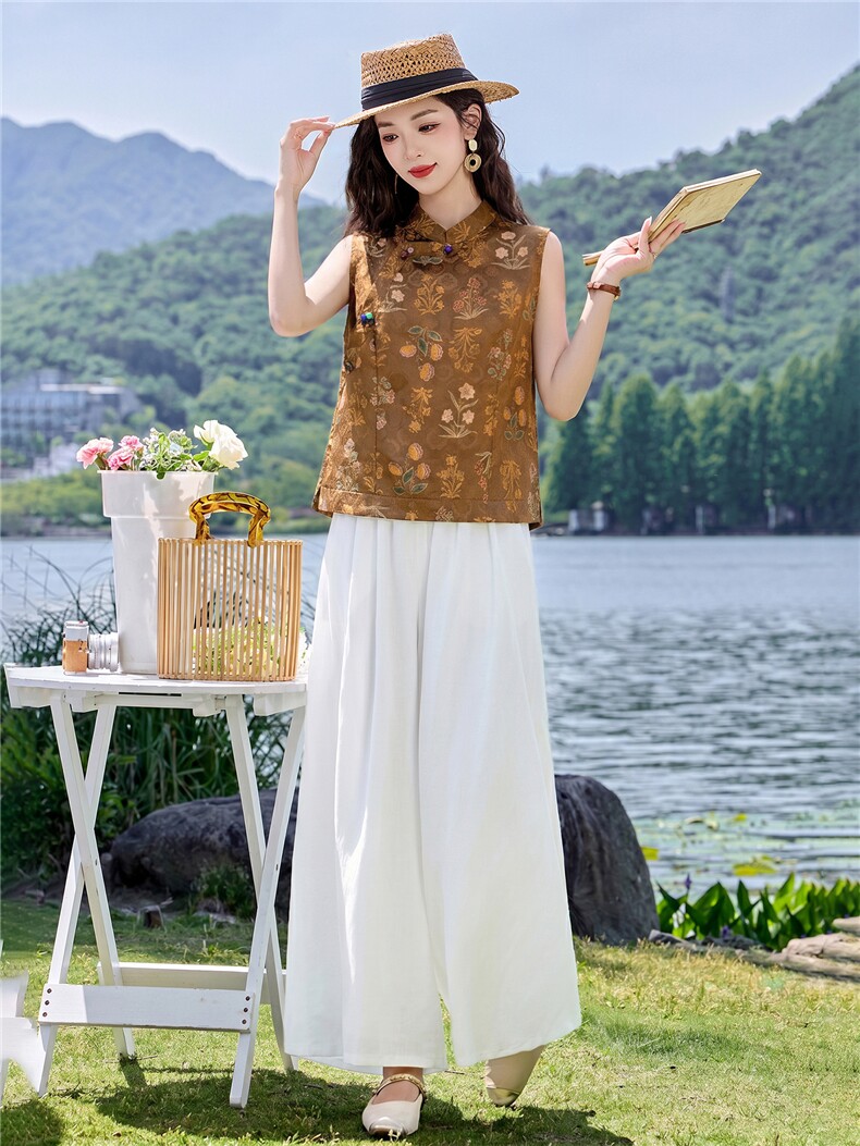 现货2026年夏季新中式上衣麻料阔腿裤子，可分开卖,女装套装/套裙,伊仟回