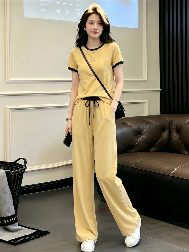 盐系穿搭休闲时尚运动套装女夏款圆领拼接短袖上衣阔腿长裤两件套,女装套装/套裙,江南