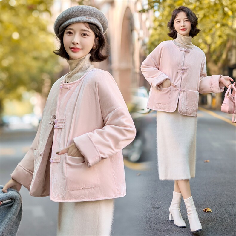 新中式风唐装高级感超粉色可双面穿丝绒外套女冬季轻薄羽绒服,女装羽绒服,韩蜜菓