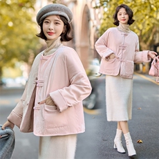 新中式风唐装高级感超粉色可双面穿丝绒外套女冬季轻薄羽绒服，女装羽绒服，韩蜜菓