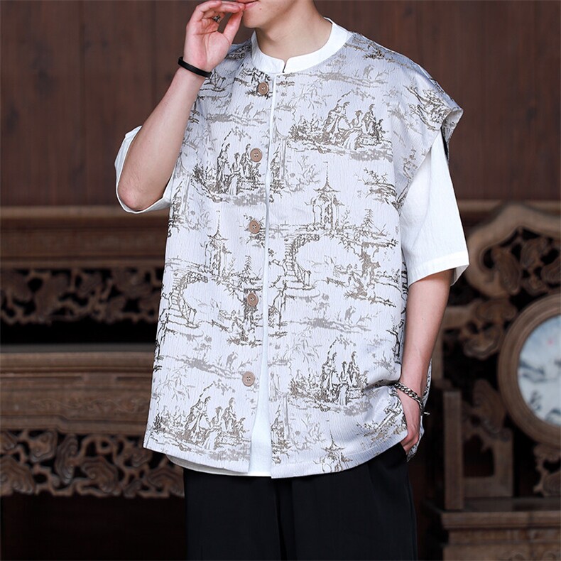 新中式国潮无袖马甲背心男款夏季中国风复古提花盘扣唐装坎肩衬衣，男装背心/马甲，电商A021