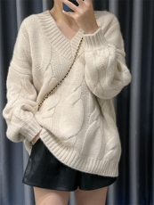V领麻花长袖羊毛针织衫女韩版宽松时尚百搭上衣内搭毛衣，女装羊毛衫，恩泰羊绒