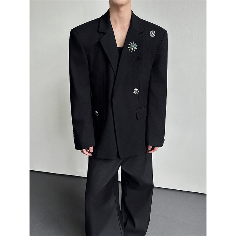 翘肩西装外套男高级感轻奢金属胸针收腰挺括西服XZ23P155,男装西服套装,星座512-1（原513-3）