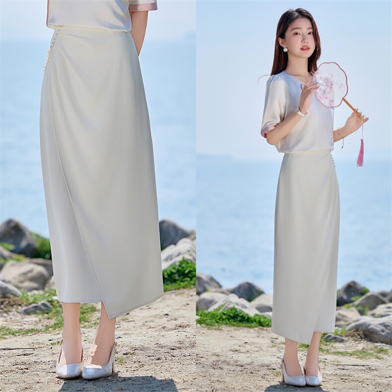 2025夏装设计感不规则高腰中长款百搭钉珠半身裙，女装半身裙，时尚俏佳人