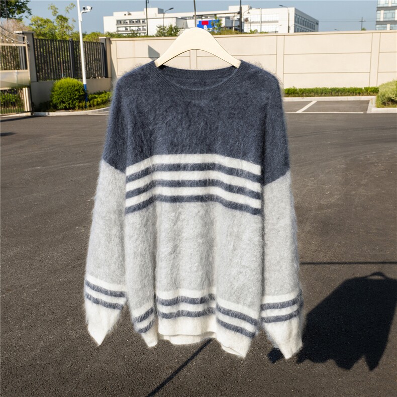 HE|真拉绒工艺！拼色条纹A规100%纯山羊绒衫女圆领宽松针织毛衣，女装羊绒衫，诚赞羊绒