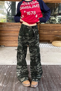 美式复古迷彩多口袋拼接宽松工装裤男百搭长裤K24072-特P48控88图片
