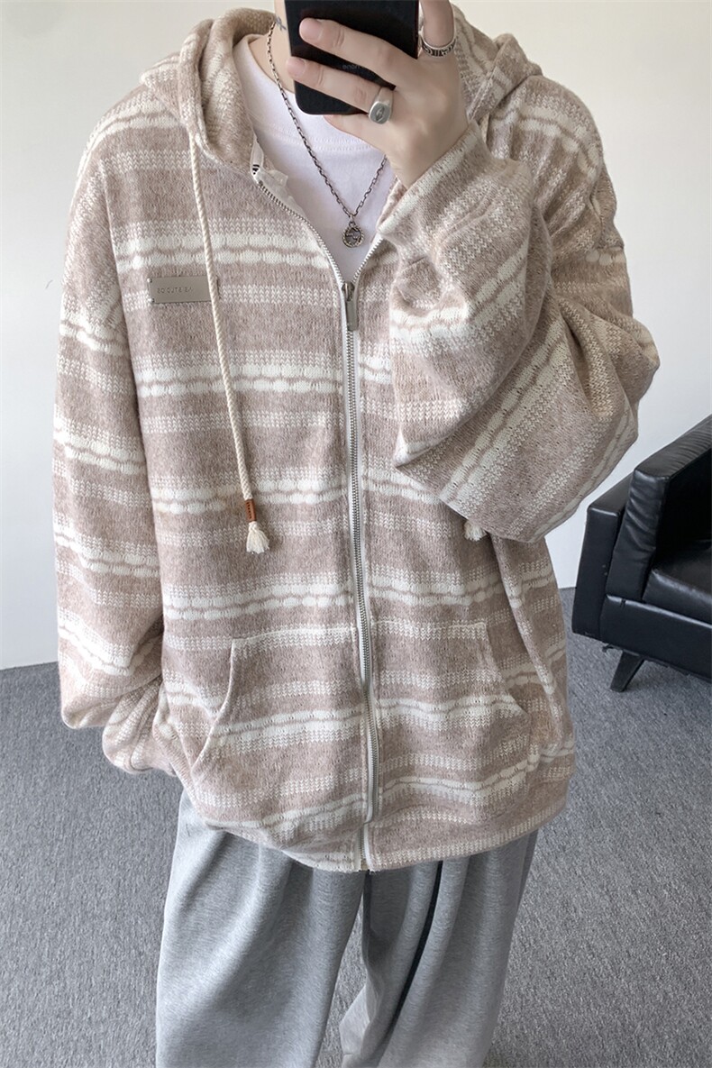 8XL-M潮情侣美式磨毛编织条纹针织衫卫衣宽松拉链外套WY30P88,男装针织衫/毛衣,电商D206-1