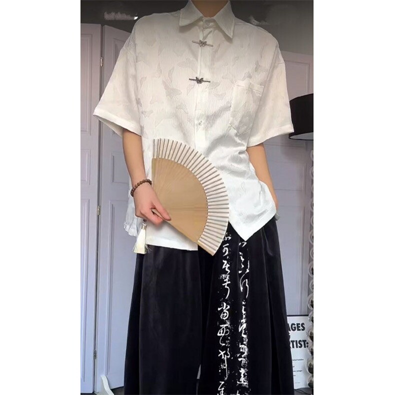 新中式风暗纹高级感短袖衬衫男夏季宽松小众金属设计休闲衬衣潮图片