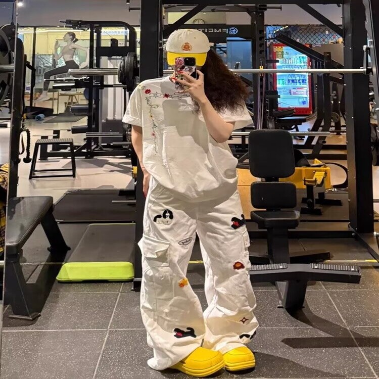 设计感刺绣小狗白色裤子女牛仔美式宽松阔腿直筒休闲工装裤,男装工装外套,星座218-8