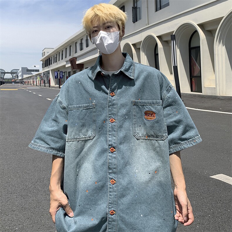 夏季新款牛仔短袖衬衫男外套日系薄款宽松休闲上衣,男装衬衫,星座410-7