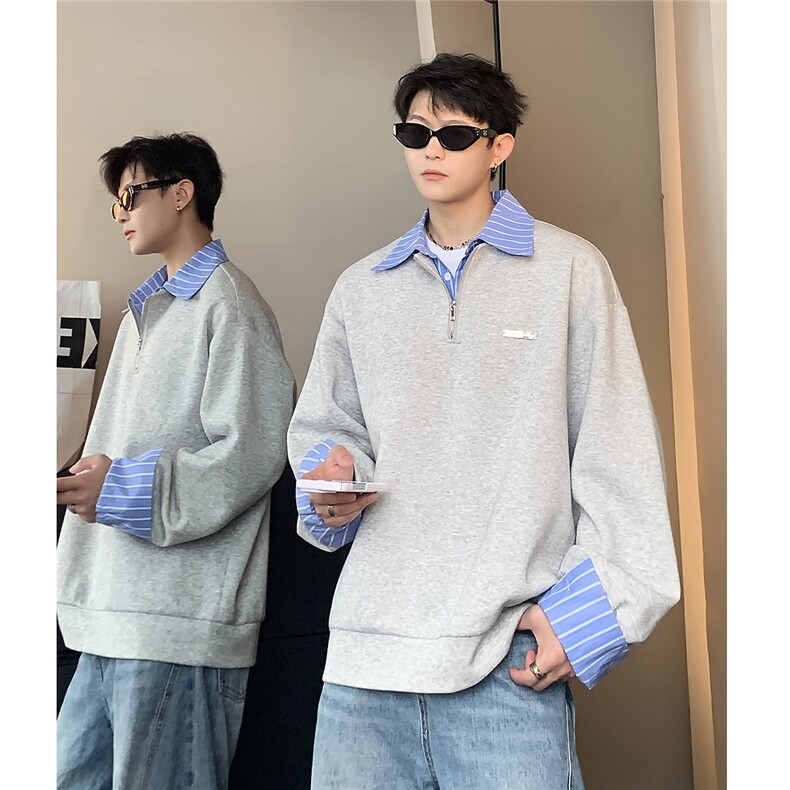 春秋季小众设计条纹翻领拉链拼接长袖假两件POLO衫W100-P58,男装Polo衫,电商C307