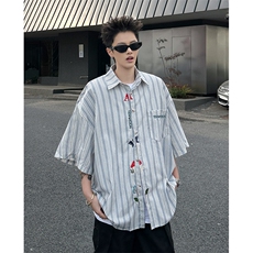 春夏季潮牌复古刺绣条纹短袖衬衫男女宽松情侣百搭衬衣CS23-P40，男装衬衫，星座308B-1