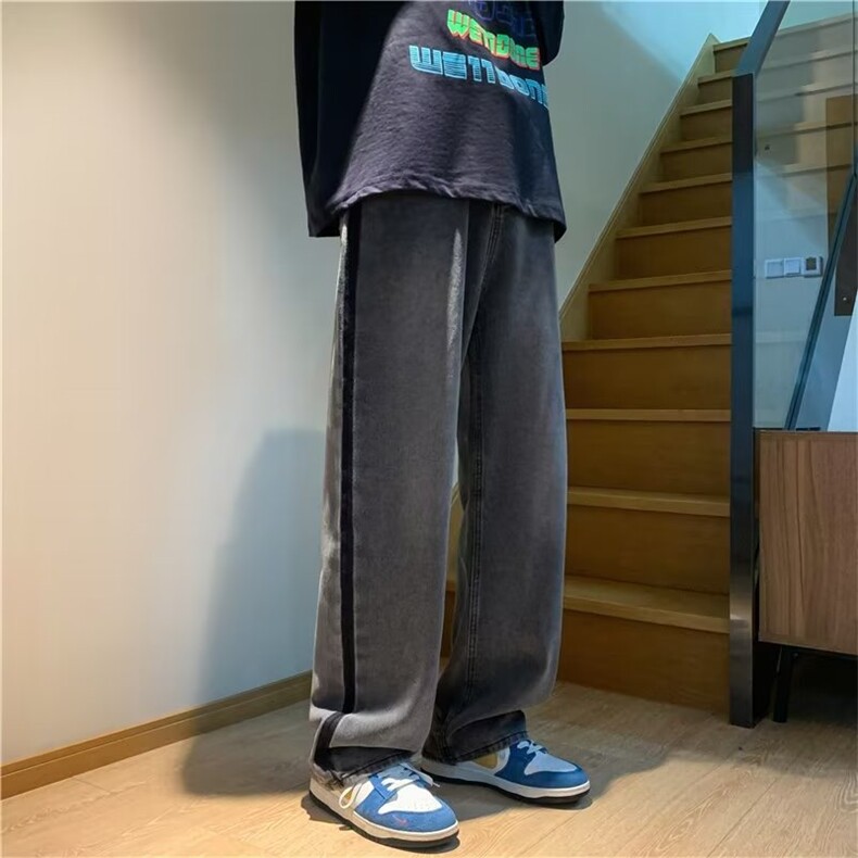 复古拼色水洗牛仔裤男高街潮牌炸街痞帅宽松直筒长裤T1621-P45图片