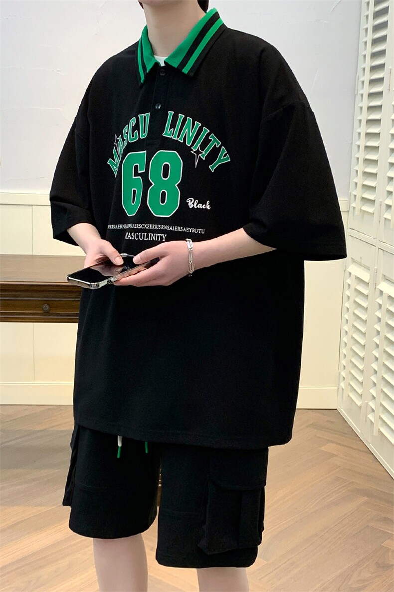 港风夏季冰丝短袖短裤两件套情侣半袖POLO衫休闲T恤套装6630-P55,男装T恤,电商A441-1