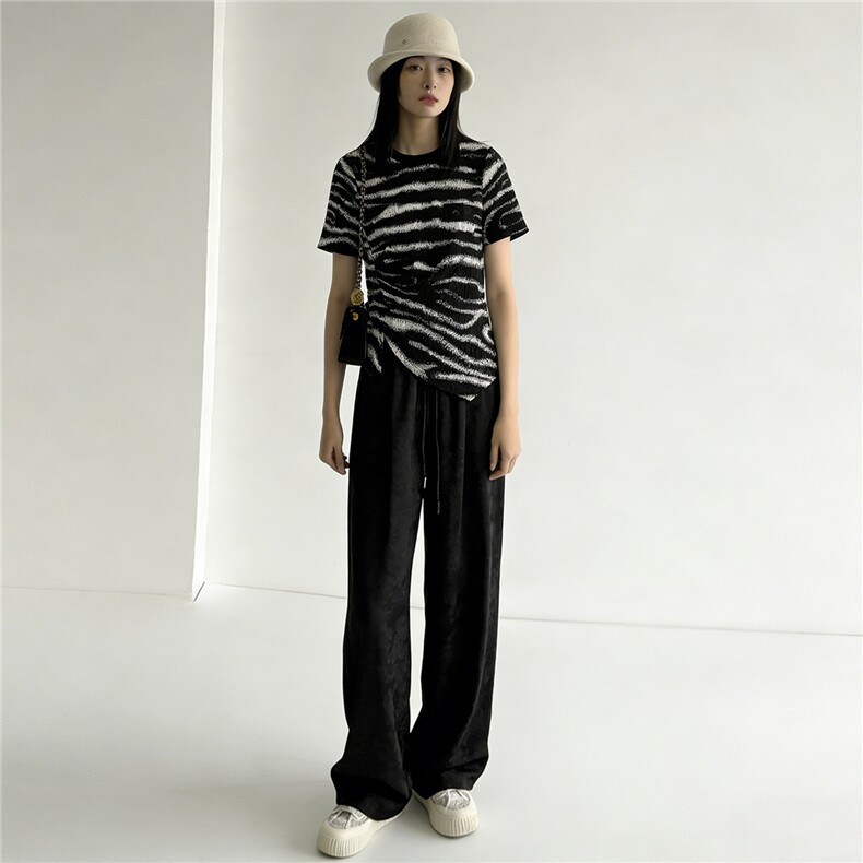 复古休闲运动套装女夏季时尚斑马纹短袖收腰上衣提花阔腿裤两件套，女装套装/套裙，JN江南