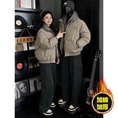现货高品质重磅工艺美式高街假两件PU皮棉衣男女加厚棉服外套，男装棉衣，电商A443