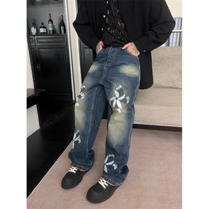 1506A/GCY0010/P56设计款泼墨印花牛仔裤男修身小直筒潮流小脚裤图片
