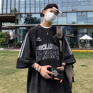 美式复古条纹休闲短袖t恤潮牌宽松高街男女夏季打底衫TX120-p43图片