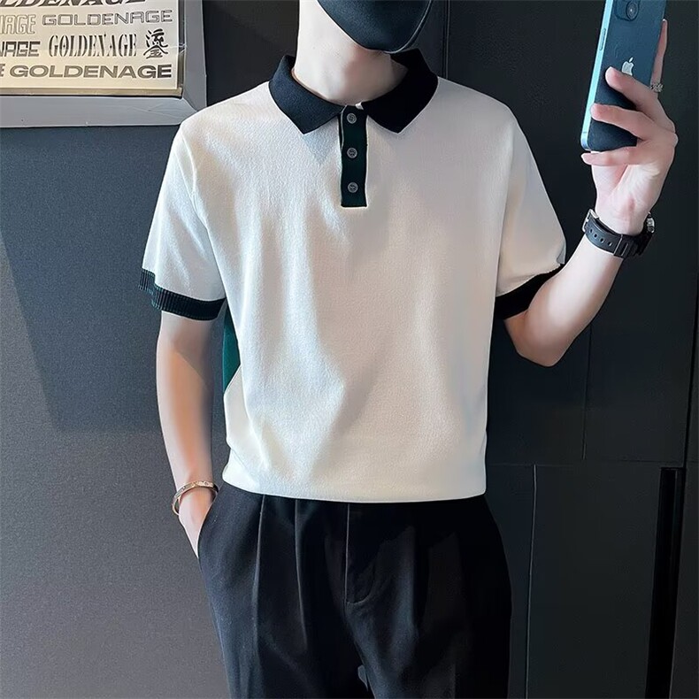 时尚高级拼色短袖polo衫男夏季新款痞帅翻领T恤潮流商务修身男装,男装T恤,星座506A